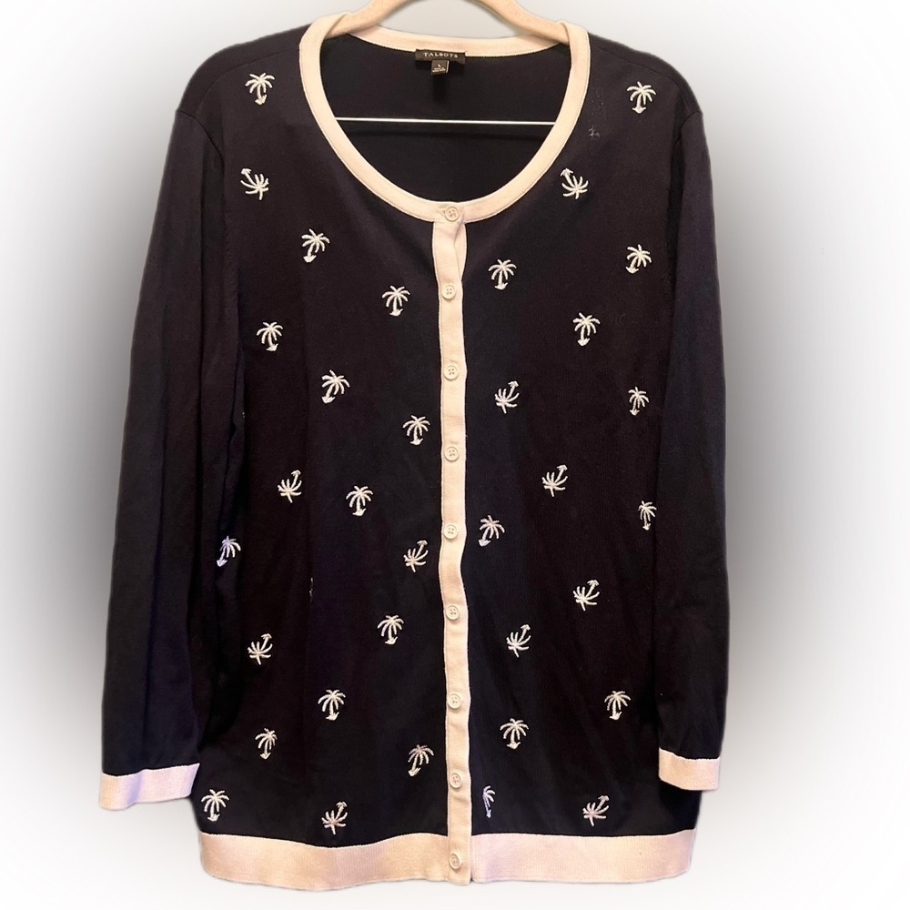 Talbots Navy & White Palm Tree cardigan size Large